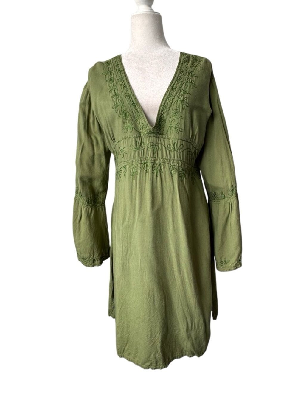 Cejon Olive Embroidered V-Neck Swim Coverup Bell Sleeves SZ M